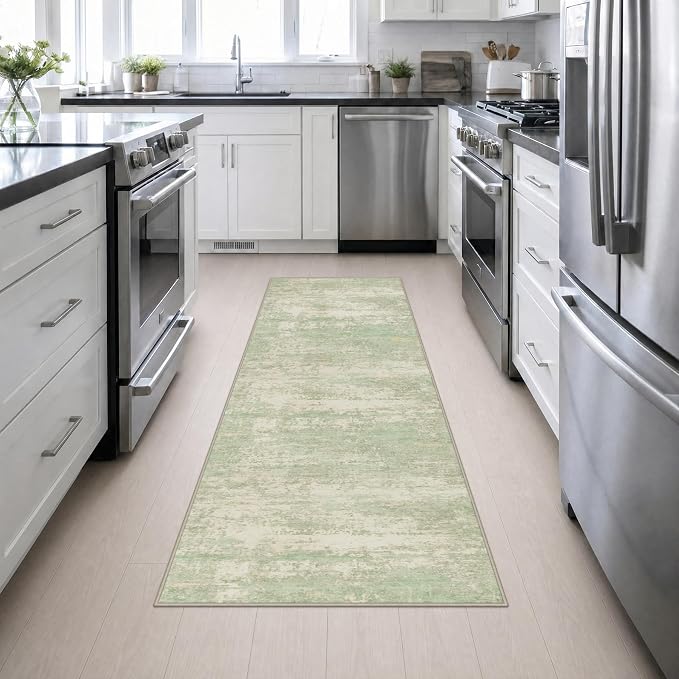 2.6x8 Washable Runner Rug：Modern Abstract Soft Carpet Green Cream | For Hallway, Bedroom, Kitchen, Laundry, Bathroom,Door Mat,Modern Abstract,Machine washable,Non-Slip,Stain Resistant,Indoor