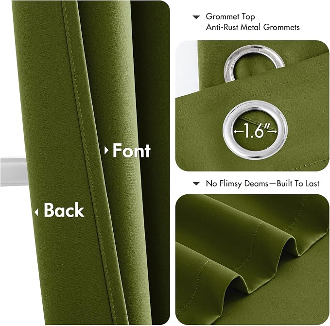 MIULEE Blackout Curtains for Bedroom 2 Panel 40"x63" Long Light Olive Green | Thermal Insulated, Living Room Darkening Grommet Drapes, Noise Reducing, Light Blocking Window Treatments