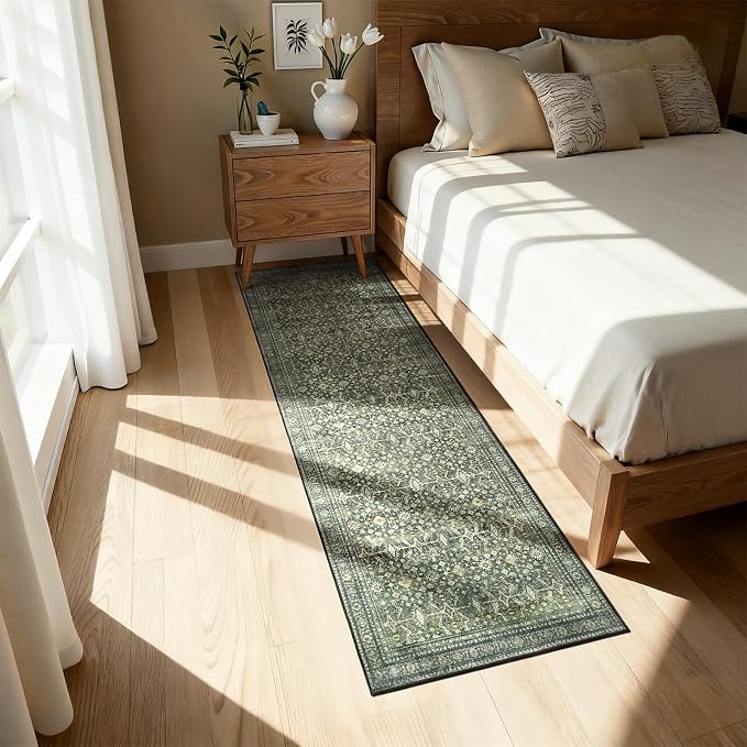 2'6"x10' Area Rugs for Hallways, Green Washable Non-Slip Kitchen Runner Rug | Low Pile Runner Rugs, Soft Carpet for Kitchen Bathroom Bedroom Laundry, Stain Resistant Foldable Vintage Distressed Rug