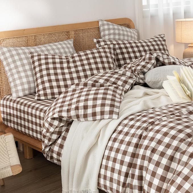 BESTOUCH Gingham Cotton Duvet Cover Set Cocoa Brown Oversized Full | Washed Cotton, Linen Feel, Soft Wrinkle Texture, Hidden Zipper, 8 Ties, Breathable Lightweight Durable Comfy, 3 Pcs No Insert