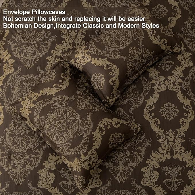 WONGS BEDDING Damask Comforter Set King Size, Coffee Gold Texture Design 7 Pcs Bed in a Bag Microfiber Comforter Bedding Sets -1 Comforter, 1 Flat Sheet, 1 Fitted Sheet, 2 Pillow Shams,2 Pillowcases