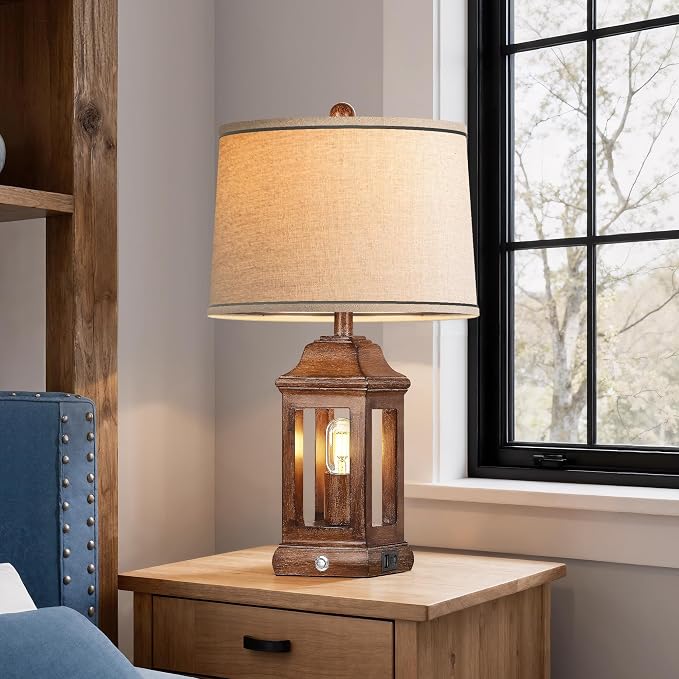 24" Rustic Farmhouse Table Lamps for Living Room, Single Pack Touch Dimmable Nightlight Vintage Bedside Lamps with USB A+C Ports & Dual Light Sources for Bedroom Nightstand End Table, Wood Grain