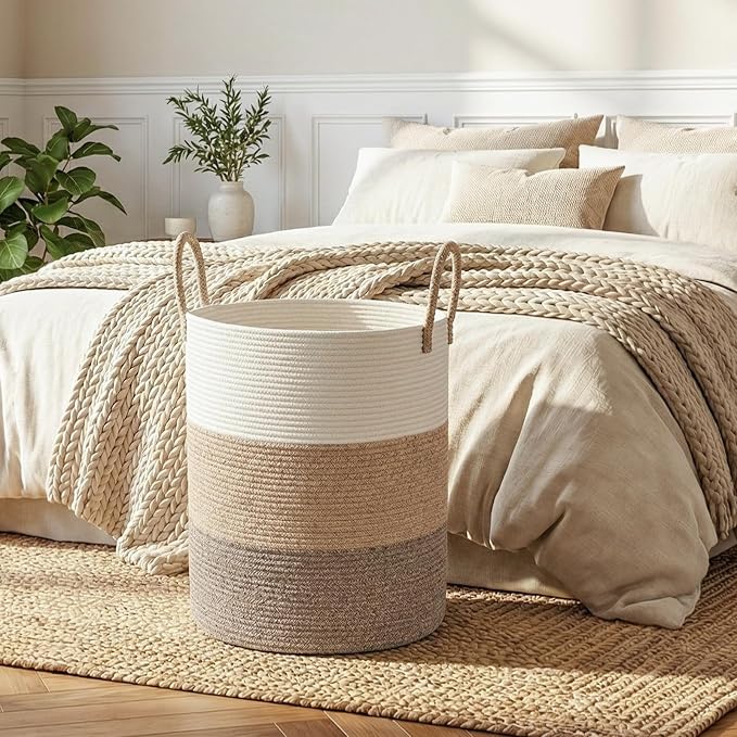 OIAHOMY 60L Nursery Hamper Laundry Basket Laundry Hamper Gradient Brown | collapsible Blanket Basket Cotton Rope Woven Basket Dirty Clothes Hamper Baby Hamper Tall Clothes Hamper with Handles