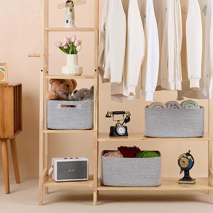 MiniArk Large Storage Baskets for Shelves, 17 x 13 x 7.5” Closet Organizers Bins for Clothes Blanket Towels, Baby Nursery, Toy Baskets Box, Woven Rope Baskets, 3 Packs Mixed Grey