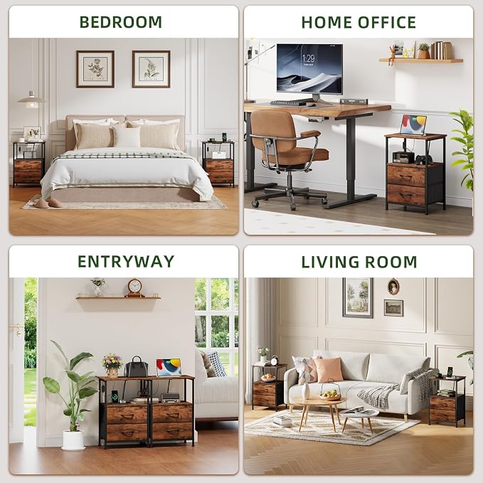 Somdot Nightstands Set of 2 with 2 Drawers, Charging Station & LED Light | Open-Shelf End Tables for Bedside, Dorm, Guest Room, Kids Room, Bedroom, Entryway and Hallway, Brown