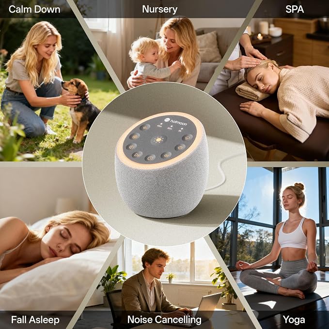 Hotmoon Sound Machine for Sleep, Cocoon 2, 40 Sounds, Dual-Speaker, Plug in | White Green Pink Brown Noise Machine for Sleeping Adults Office Privacy Baby Dogs, 4 Timers, 8 Night Light, Rain Noise Maker