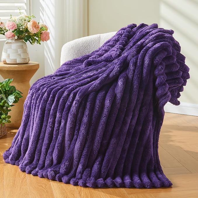 NEWCOSPLAY Fleece Ribbed Cozy Queen Blanket for Couch, Purple, 90"x90" | Premium Silky Flannel Blanket, Soft Lightweight Fluffy Throw Blanket for Bed Sofa Decor, Gift for All Season Use
