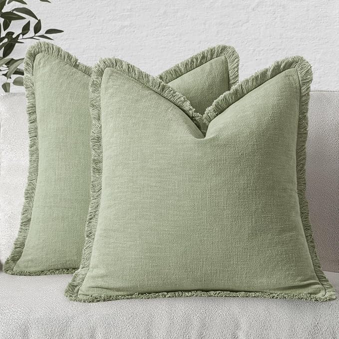 MIULEE Linen Fringe Decorative Euro Throw Pillow Covers Sage Green 22x22 | Set of 2, Cottagecore Decor, Boho Farmhouse Neutral Pillow Covers, Rustic Couch Cushion Cases for Sofa Bed Living Room