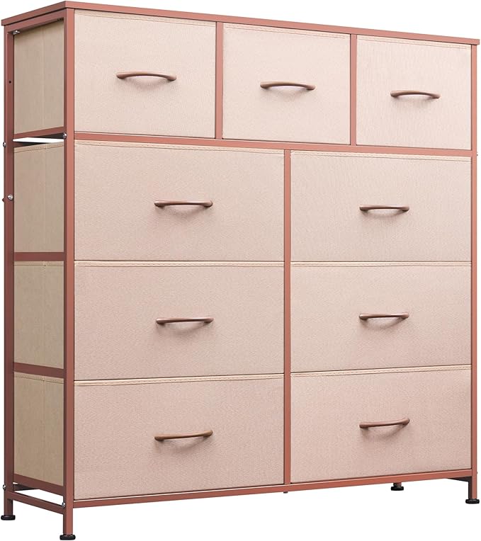 WLIVE Tall Dresser for Bedroom, 9 Drawer Chest of Drawers, Pink | 9 roomy fabric drawers, Tall storage design, Bedroom or closet use, Sturdy steel frame, Smooth wood tabletop