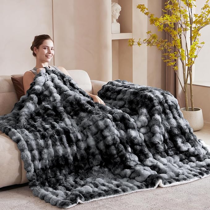 50x60 Inches Ultra-Soft Fuzzy Faux Fur Plush Throw Blanket - Thick, Warm Sherpa for Couch, Sofa, Bedroom, Camping - Decorative Blanket for Cozy Warmth, Bubble Black Tie Dye