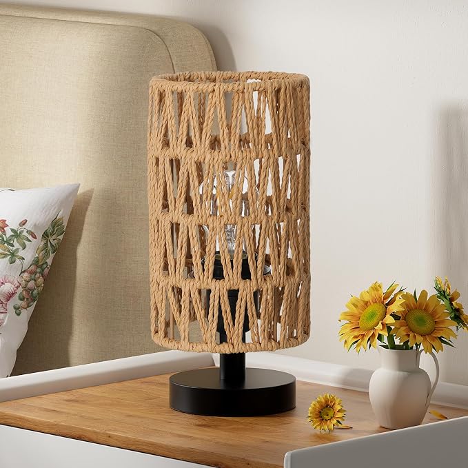Table Lamps (Rattan Rope Shade - Black Base, 9" Inline Control) | 3000K LED Blub Included | 680 Lumens | Easy Assembly | Minimalist Design | E26 | for Kitchen | for Kids Room