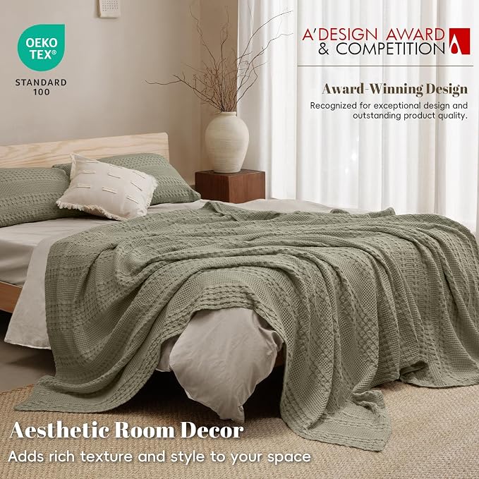 PHF Lightweight 100% Cotton Waffle Blanket for Bed, King, Dusty Sage | Pre-Washed Soft Cotton Comfort, Breathable Layering Warmth for Fall & Winter, Bed, Sofa, Couch, Home Decor & Gifts