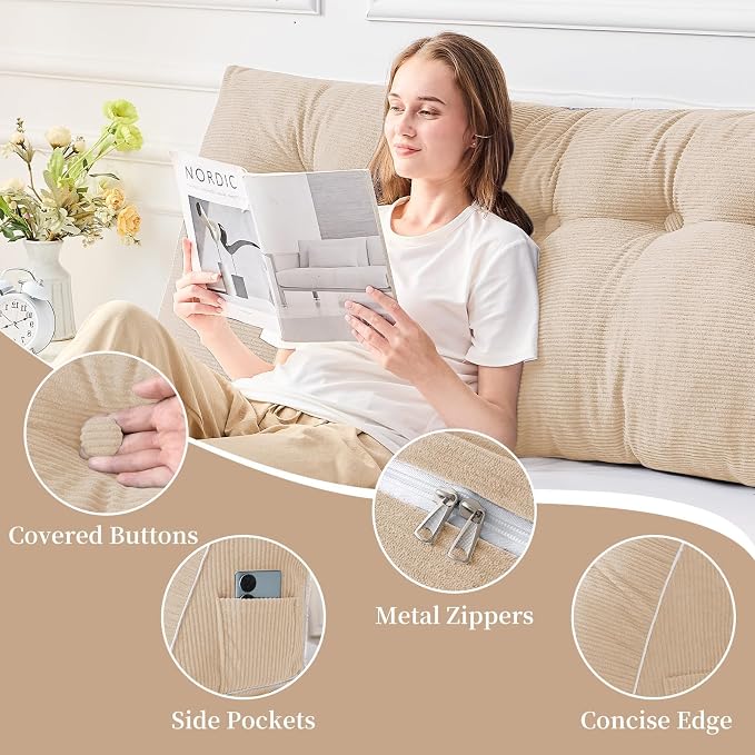 Sasttie Headboard Pillow Full, Wedge Pillow Headboard, Beige | Triangle Backrest Cushion for Sitting or Reading in Bed, Dorm Essentials, OEKO-TEX, Down Alternative Fill, Side Pockets