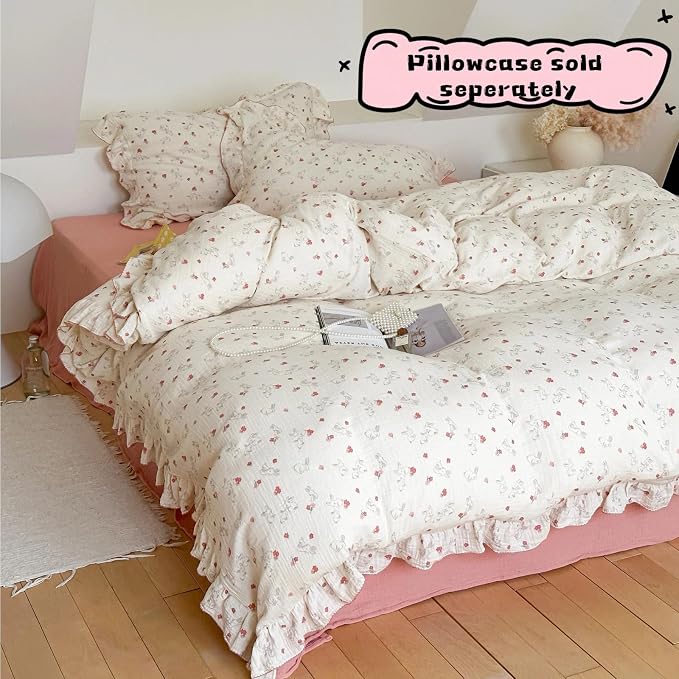 Chic Shabby Vintage Floral Duvet Cover Twin for Kids Girls Boys 100% Cotton Muslin Ruffled Quilt Cover Twin, 68"x86", Flower Rabbit Print, Soft Breathable, Zipper Closure, No Pillowcase