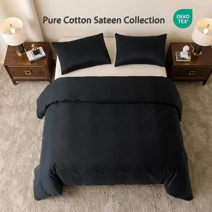 HeimenAogo Egyptian Cotton Duvet Cover Queen Size Sateen Weave, Silky Soft and Breathable Bedding Set with Zipper Closure, Long Staple Cotton Bed Linen Pure Black 3Pcs (90"×90")
