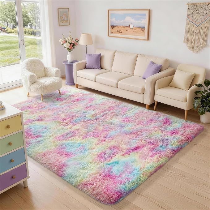 Ophanie 5x7 Rainbow Rug for Bedroom Girls, Unicorn Colorful Fluffy Soft Cute Fuzzy Area Rugs, Shag Plush Shaggy Bedside Floor Furry Carpet for Kids Baby Teen Dorm Nursery Home Decor Aesthetic