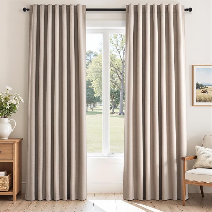 Topfinel Black Out Living Room Boho Curtains 78 Inch Long 2 Panels Set Room Darkening Insulated Thick Linen Textured Curtain Drapes Cabin Bay Window Treatments with Back Tab Natural Beige