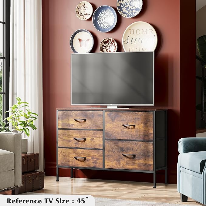 WLIVE 5 Drawer Fabric Dresser for Bedroom, Wide Storage Chest, Rustic Brown | 5-drawer wide fabric dresser with steel frame, multipurpose bedroom living room hallway dorm closet storage organizer