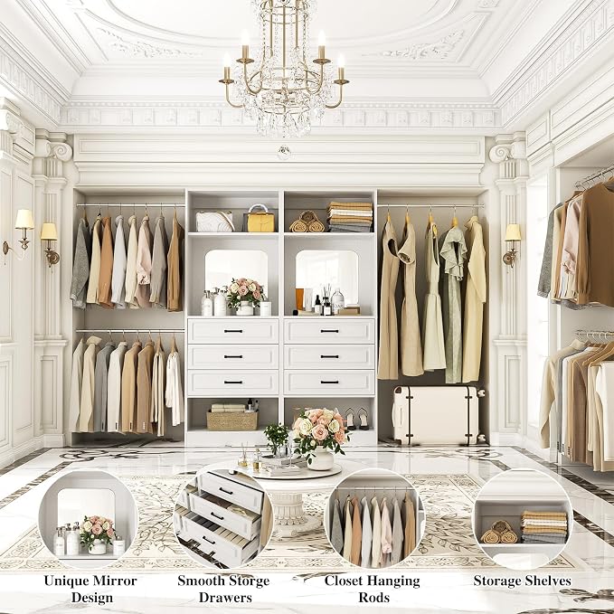 Unikito 6-14FT Wood Closet System with 6 Drawers and Mirror, White | Sturdy walk-in organizer wardrobe for clothing, clothes rack with 3 hanging rods, freestanding garment storage tower.