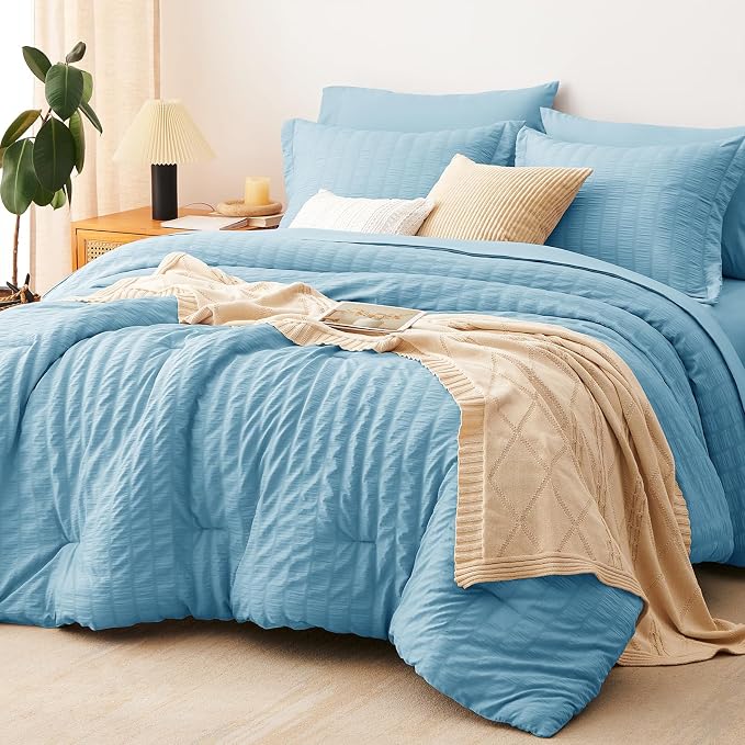 Full Size Comforter Sets, 7 Pieces Sky Blue Seersucker Bed in a Bag | OEKO-TEX Certified, All Season Bedding Set with 240 GSM Down Alternative Comforter, Flat & Fitted Sheets, Pillowcases & Shams