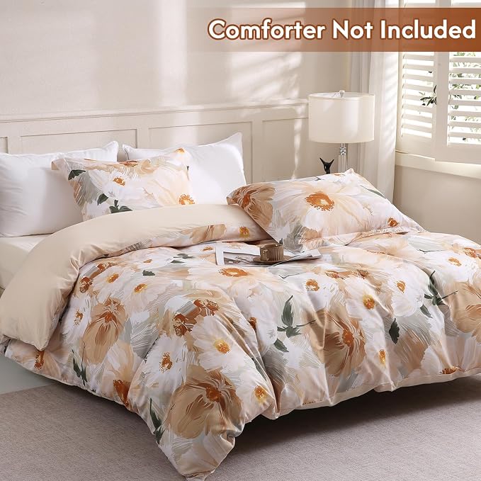 LONAVA King Flower 3 Pcs Duvet Cover Set, Breathable Soft Microfiber Biege Lining Comforter Cover with Zipper Closure, and 2 Anti-Pilling, Fade Resistant Pillowcases, Golden Flower