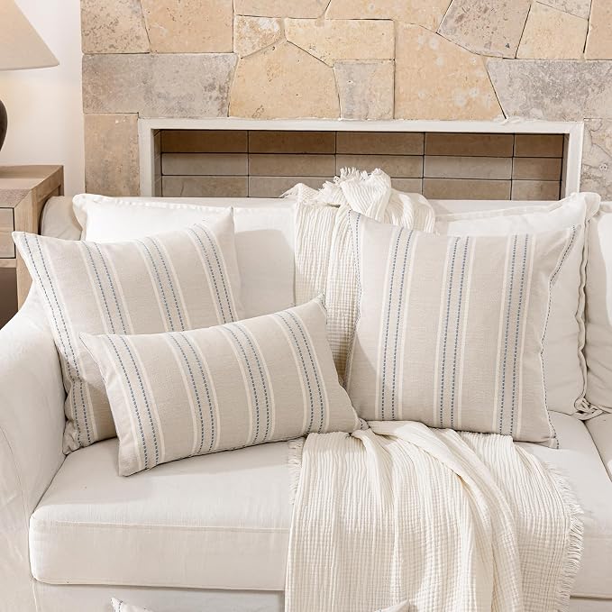 Hckot Dusty Blue Throw Pillows Covers 20x20 Linen Stripe Pillow Covers | Set of 2 Farmhouse Decorative Pillows Textured Square Cushion Covers for Sofa Couch Bed Living Room Decor