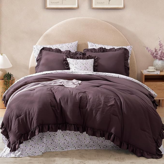 King Size Comforter Set-7 Pieces Ruffle Bedding Floral Sheet | Purple Bed in a Bag, Soft Lightweight All Season Farmhouse King Size Bedding Sets with Floral Sheets, Pillowcases & Shams
