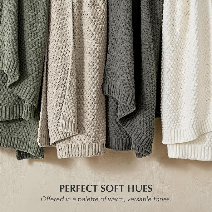 EVERGRACEHOME Chunky Chenille Knit Throw Blanket, 60 x 80, Bright White | Sculpted Moss Stitch, Chic Modern Farmhouse, All-Season Warmth, OEKO-TEX® Certified, Elegant Blanket for Couch, Bed, Sofa