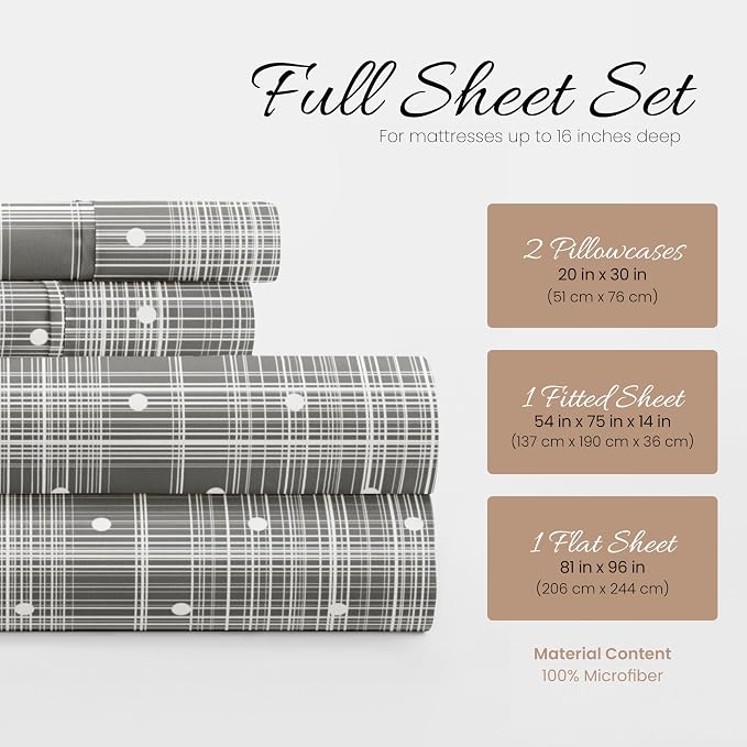 Linen Market Double-Brushed Patterned Microfiber Full Sheet Set 4 Piece – Oeko-TEX Certified Ultra Soft & Wrinkle-Free - 16" Deep Pocket Sheets - Easy Care Full Size - Polka Dot Gray