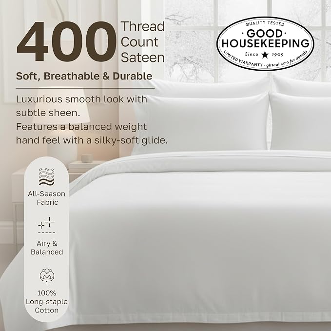 California Design Den Luxury Duvet Cover Set King, Striped White | Soft 400 Thread Count 100% Cotton Sateen Backed by GH Seal, Duvet Cover & Pillow Sham 3 Pc Set, Button Closure & Corner Ties