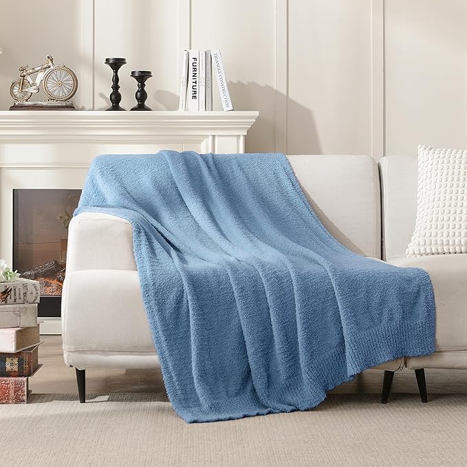 JOOJA Dusty Blue Throw Blanket for Bed, Super Soft Knit Blankets, Cozy Fleece Fuzzy Fluffy Plush Chenille Throws Blanket for Couch, Sofa, 60 x 80 inches