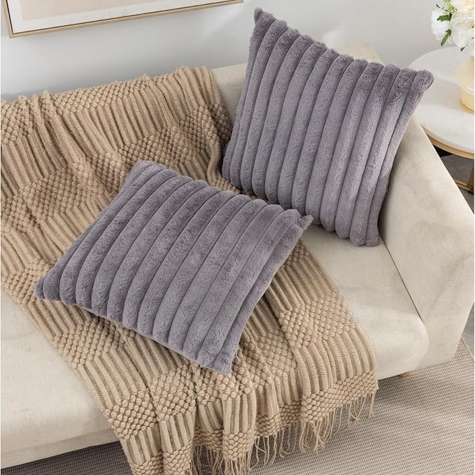 ZLINA Dark Grey Striped Faux Fur Throw Pillow Covers 18 x 18 Inch | 2‑Pack, boho striped pillow covers,velvet back,fuzzy plush cushion covers , for sofa bed livingroom home decor