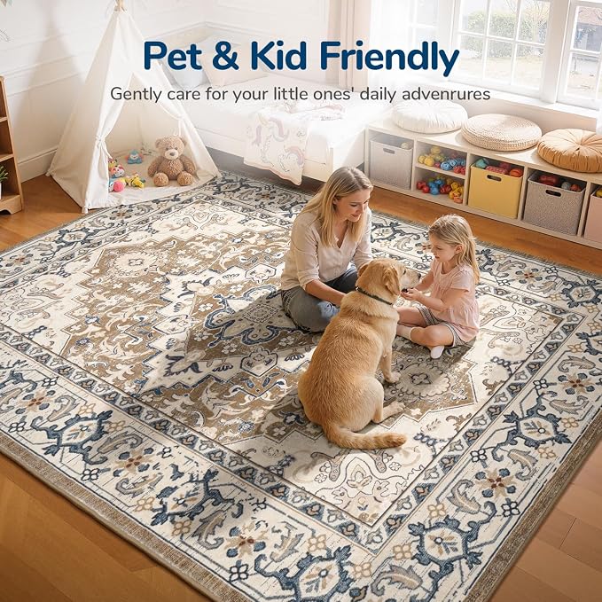 Large Area Rugs 10x14 for Living Room,Washable Rug Boho Brown Beige | Faux Wool Low Pile Area Rug for Bedroom, Floral Medallion Vintage Carpet Non-Slip, Kid & Pet Friendly, All Vacuums Compatible