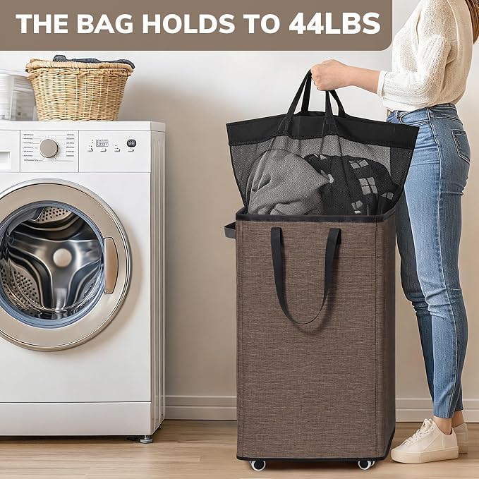 Goodpick 75L Collapsible Laundry Baskets with Removable Wash Bag and Wheels | Rolling Laundry Basket with Handles for Dirty Clothes, Fodable Hamper for Laundry Room, Light Brown