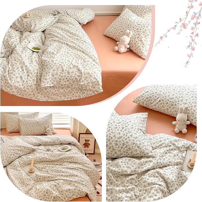 mixinni Boho Floral Girls Duvet Cover Set Twin Size Soft Cotton Comforter Cover Set Farmhouse Shabby Chic Flower Duver Cover for Women, 1 Cute Floral Duver Cover and 2 Pillowcases for All Seasons