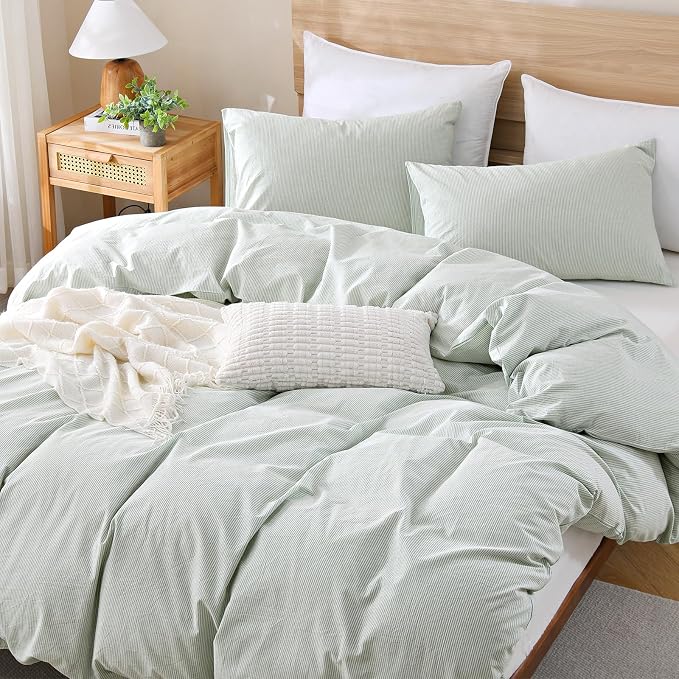 TOCOMOA Sage Green Striped Duvet Cover Set Washed Cotton Like Linen, King | 100% Washed Cotton Linen-Like Feel Soft, Breathable & Comfy. Pinstriped Bedding Set with Zipper & 8 Ties. 3 Pcs, No Insert
