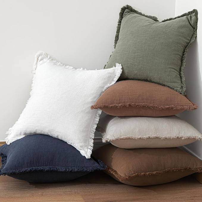MIULEE Linen Fringe Decorative Fall Throw Pillow Covers Dark Coffee 18x18 | Set of 2, Cottagecore Decor, Boho Farmhouse Neutral Pillow Covers, Rustic Fall Couch Cushion Cases for Sofa Bed Living Room