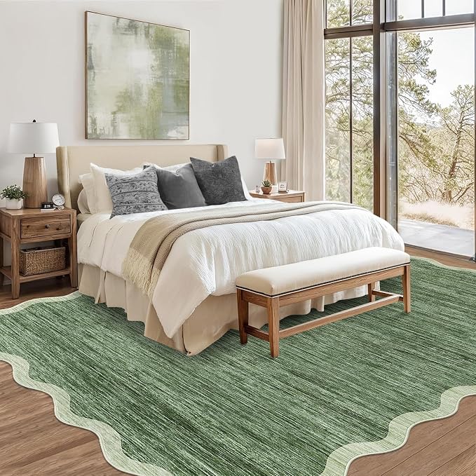 GarveeHome Scalloped Washable Area Rug 6x9 Rug for Living Room Non Slip | Modern Rug Throw Rugs Large Rugs for Bedroom Low Pile Non Shedding Stain Resistant Carpet for Dining Room 6'x9' Green