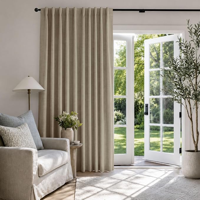 Faux Linen Total Blackout Sliding Door Curtains 96 Inches Long, Plaza Taupe | 100% Blackout Shield Back Tab/Rod Pocket Sliding Door Curtains, Thermal Insulated Curtains 1 Panel Set, 100"W x 96"L
