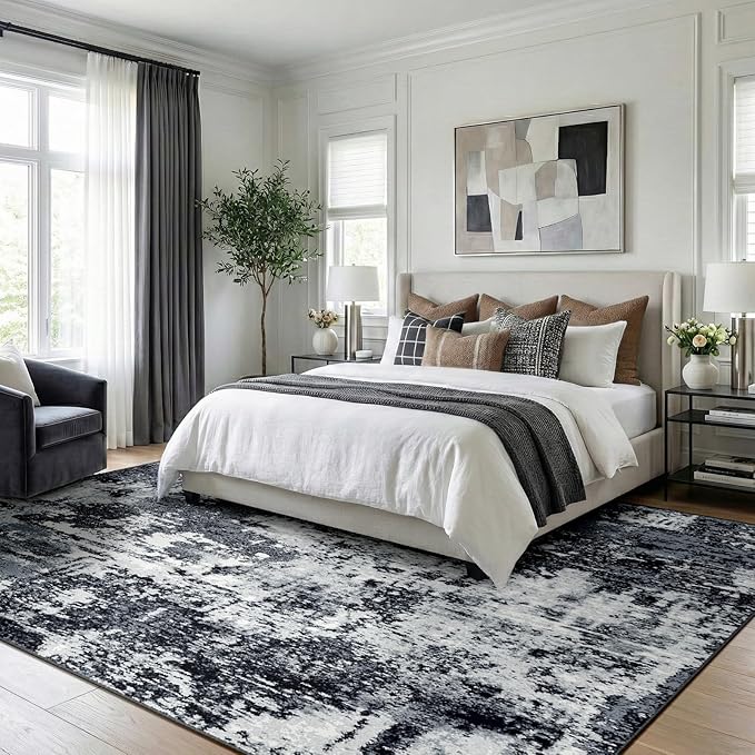 RELEANY Washable 8'x10' Abstract Area Rug for Living Room Black White | Carpet for Bedroom, Kitchen, Office, Hallway and Entryway, Printed Pattern, Non‑Slip, Soft, Stain‑Resistant, Easy to Clean