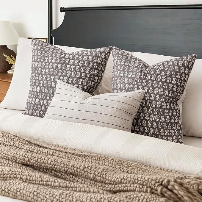 Foindtower Set of 2 Decorative Vintage Floral Print Throw Pillow Covers Neutral Modern Farmhouse Cushion Covers Boho Home Decor for Sofa Couch Chair Bedroom Living Room,24×24 Inch,Rustic Gray