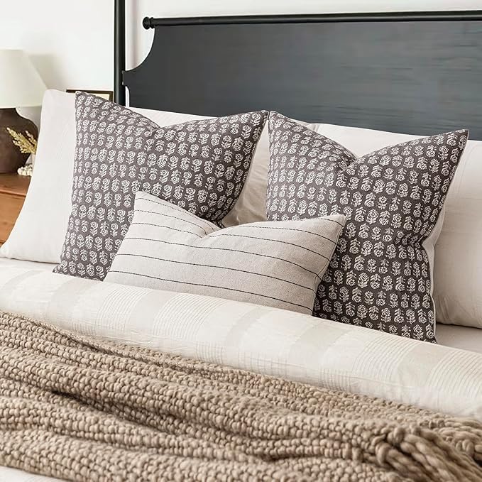 Foindtower Set of 2 Decorative Vintage Floral Print Throw Pillow Covers Neutral Modern Farmhouse Cushion Covers Boho Home Decor for Sofa Couch Chair Bedroom Living Room,22×22 Inch,Rustic Gray