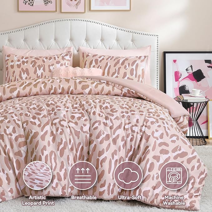 Cheetah Print Comforter Set King Size, Luxury Leopard Print Bedding, Beige | Soft Microfiber Animal Bedding Set with 2 Breathable Pillowcases, Faux Fur Texture, for an All-Season Comforter