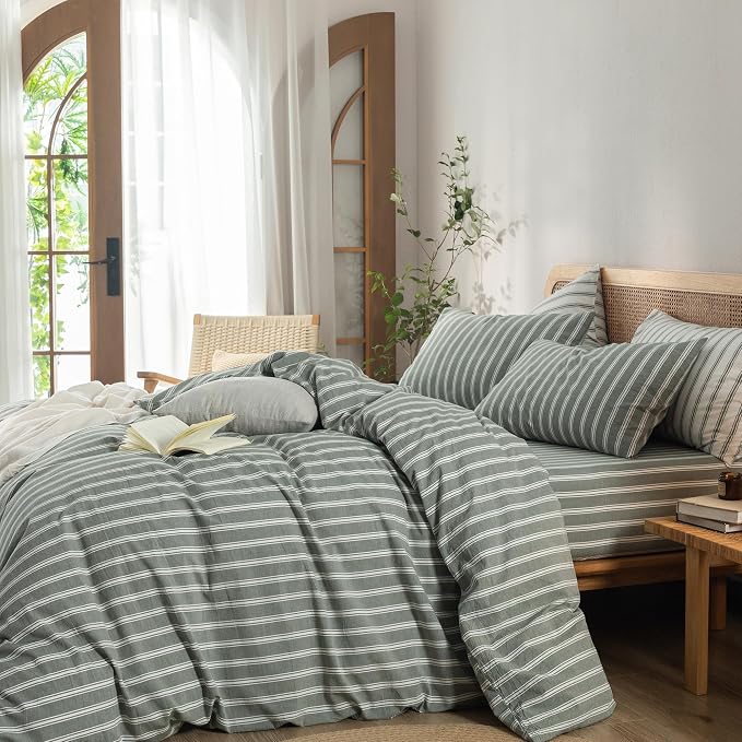 BESTOUCH Striped Cotton Duvet Cover Set Linen Feel Oversized King | 100% Washed Cotton, Soft Wrinkle Texture, Hidden Zipper, 8 Ties, Breathable Lightweight Durable Comfy, 3 Pcs No Insert