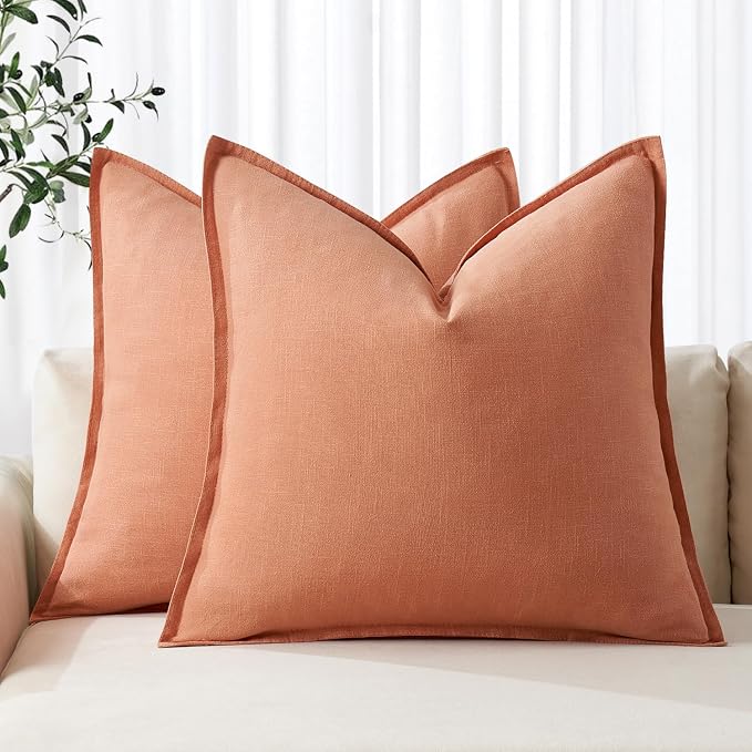 MIULEE Decorative Linen Pillow Covers 18x18 Inch Coral | Boho Farmhouse Neutral Couch Throw Pillows for Bed, Pack of 2 Accent Modern Pillowcases, Sofa Livingroom Home Decor