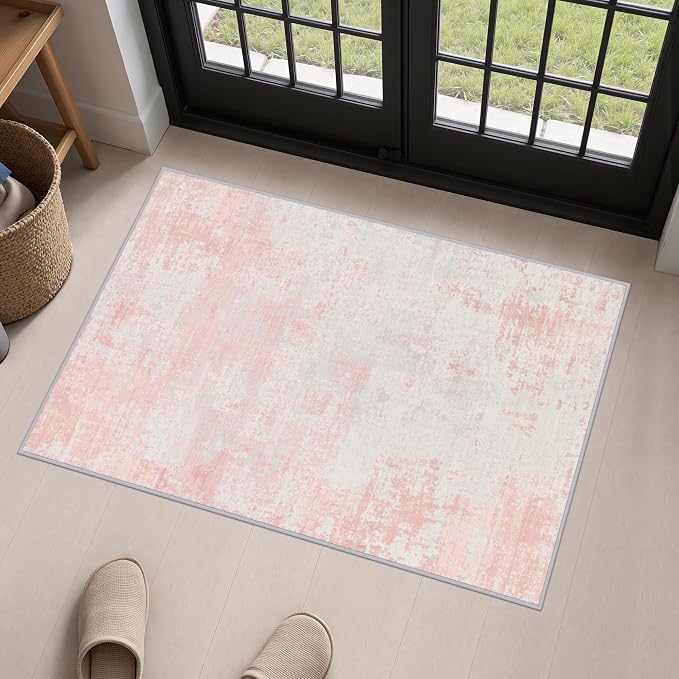 2x3 Washable Entryway Rug: Modern Abstract Soft Carpet Pink White | For Entrance, Bedroom, Kitchen, Laundry, Bathroom,Door Mat,Modern Abstract,Machine washable,Non-Slip,Stain Resistant,Indoor