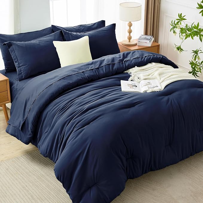 7 Pieces Queen Comforter Set, Soft Bed in a Bag Queen Size, All Season Bedding Set with Comforter, Flat Sheet, Fitted Sheet, Pillowcases & Shams, Navy Blue