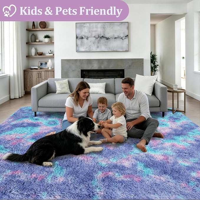9x12 Area Rug Living Room Bedroom: Fluffy Plush Shag Carpet Rainbow