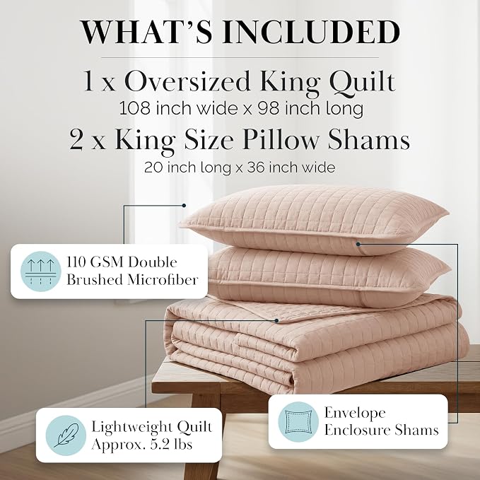 Southshore Fine Living, Inc. Oversized King Quilt Set, Stitched Blush Pink Quilt Bedspread, 2 Matching Pillow Shams, Machine Washable Cal/King Quilts, Hotel Quality Bedding, Cozy Coverlet, Blush