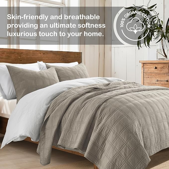 HORIMOTE HOME 100% Cotton Quilt Set Queen Size, Taupe Pre-Washed Bedspreads Coverlet Set in Geometric Pattern, Cozy Lightweight Stitching Decorative Bedding Cover with 2 Shams for All Season